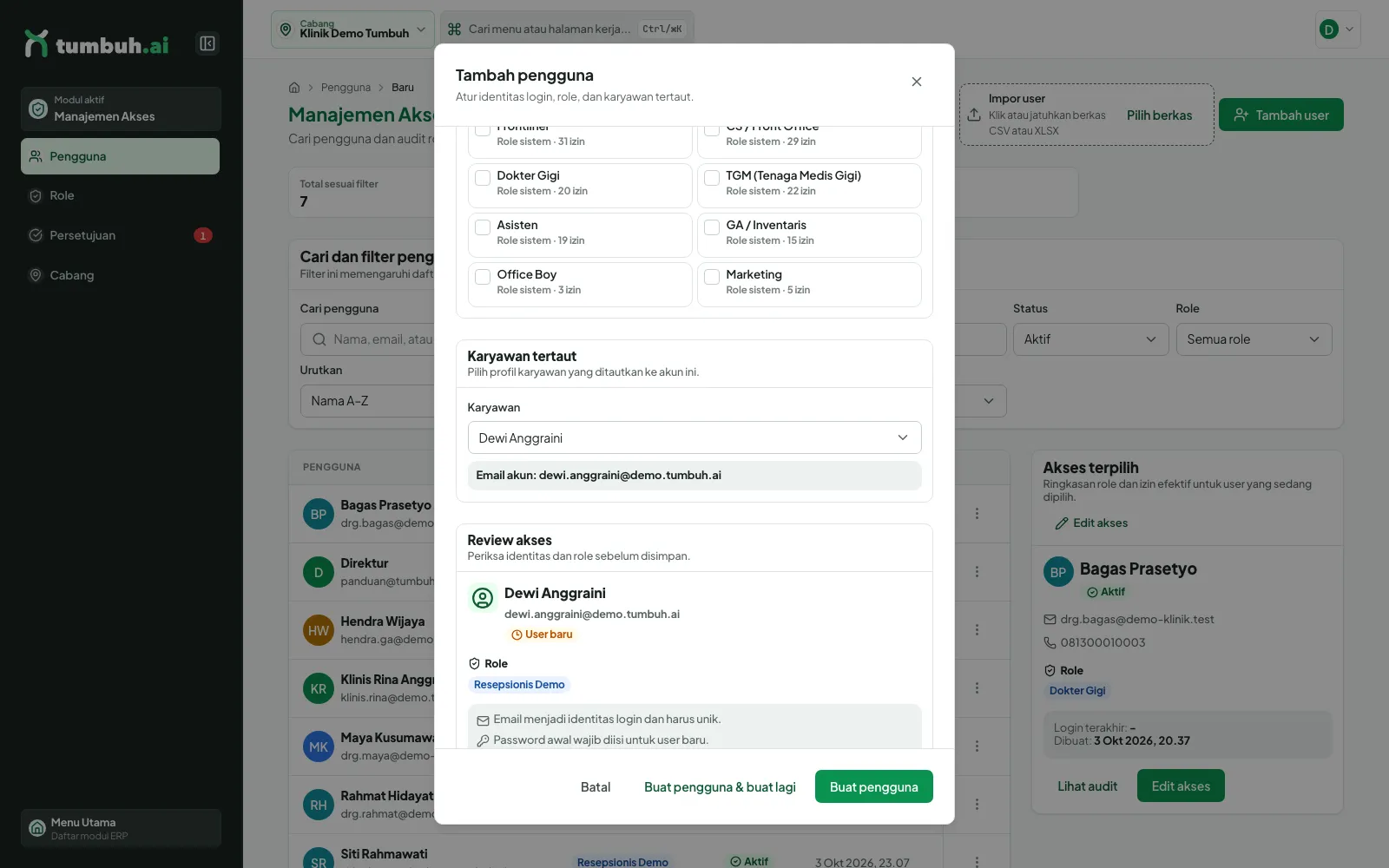 Form pengguna dengan peran Resepsionis Demo