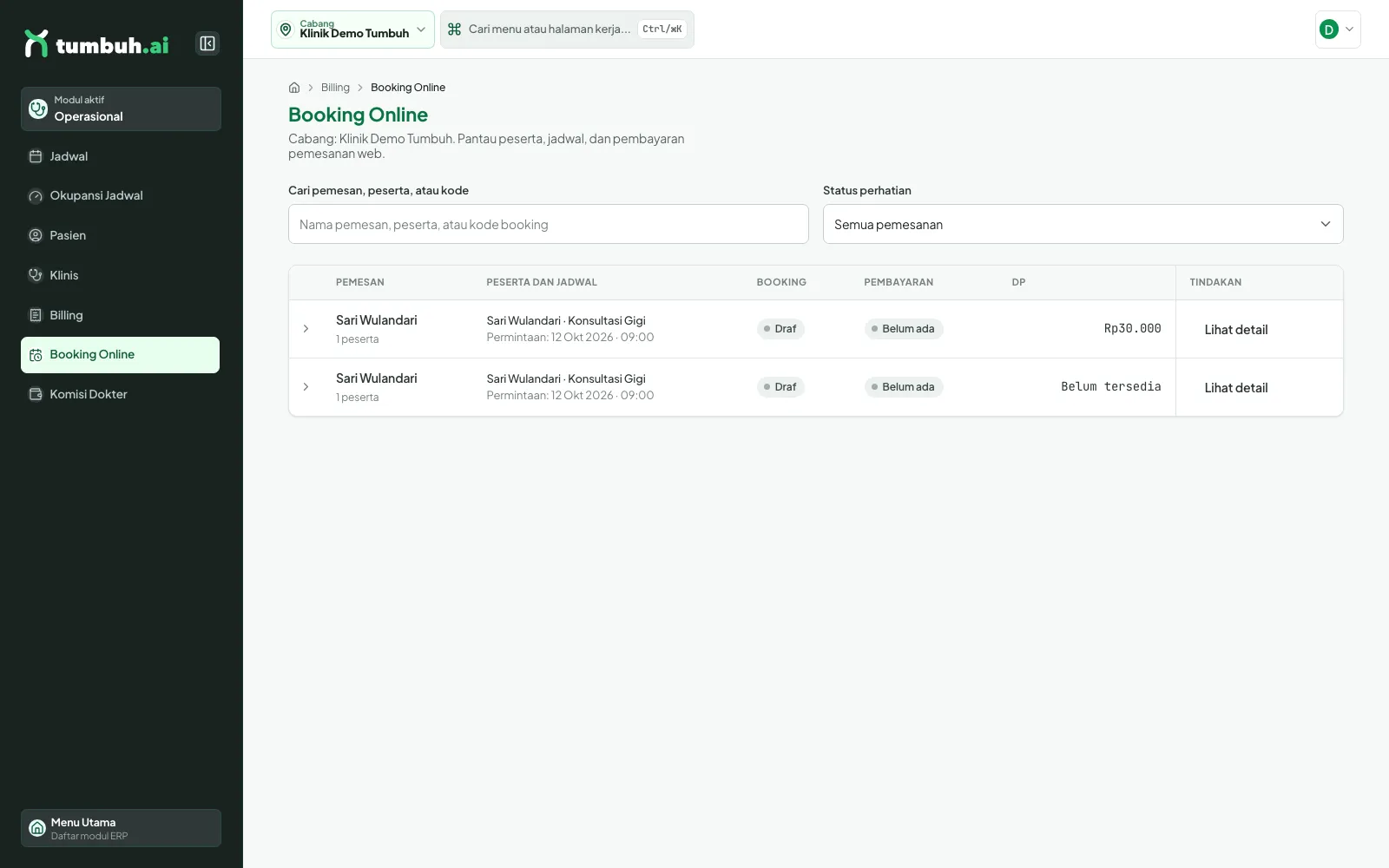 Halaman Booking Online