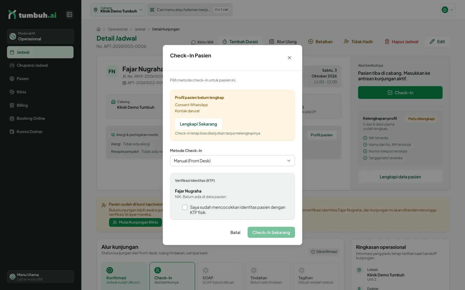 Dialog Check-In Pasien dengan verifikasi KTP