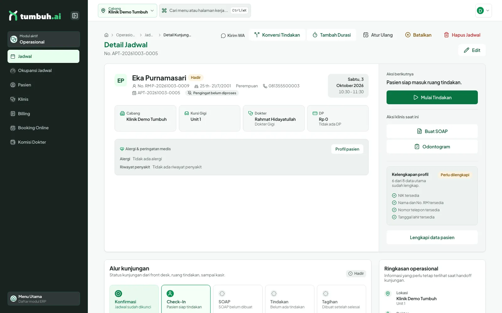 Detail Jadwal berstatus Hadir dengan tombol Mulai Tindakan