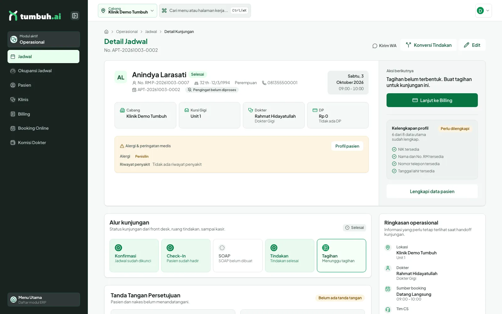 Detail Jadwal berstatus Selesai dengan tombol Lanjut ke Billing