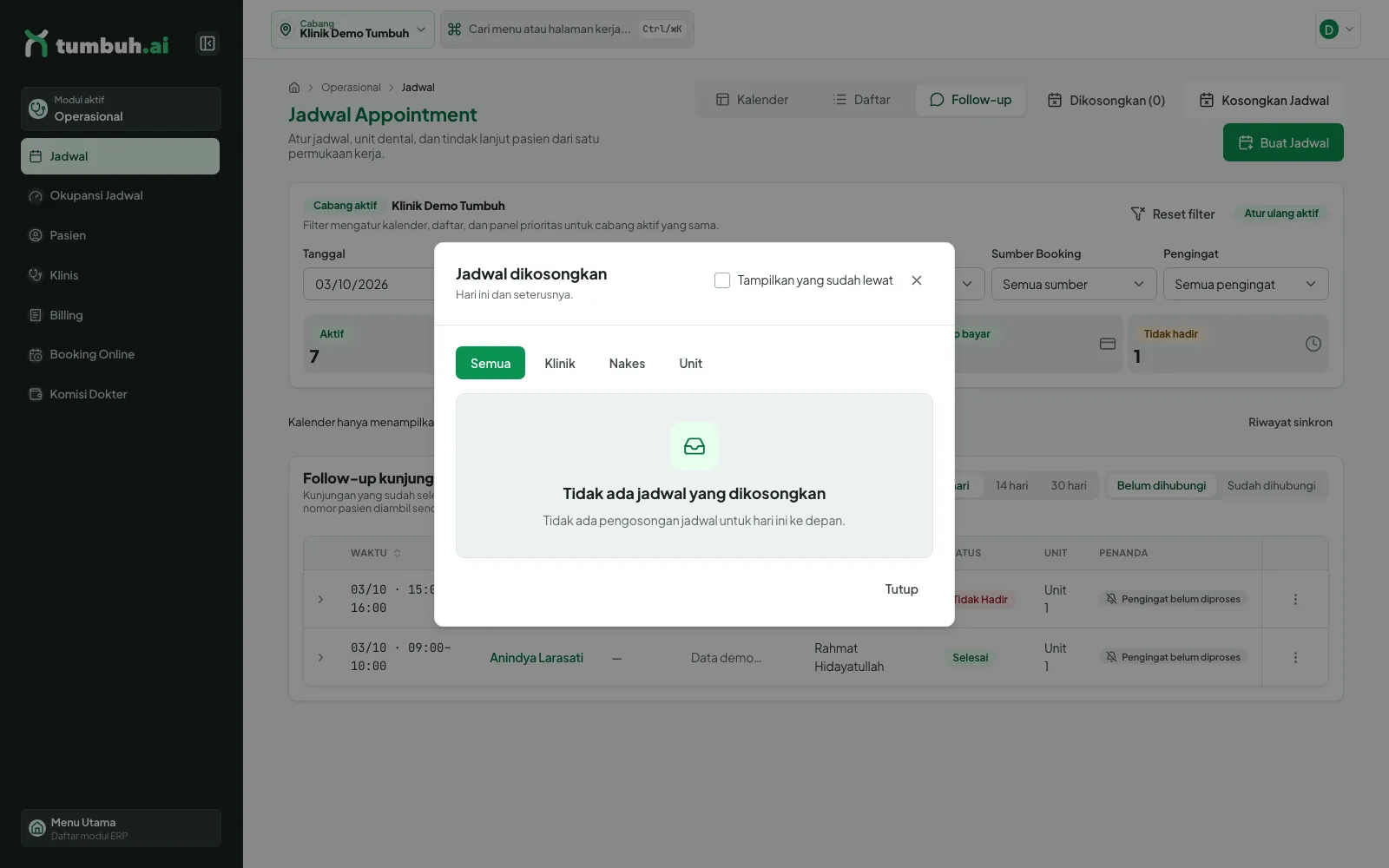 Dialog daftar Jadwal dikosongkan