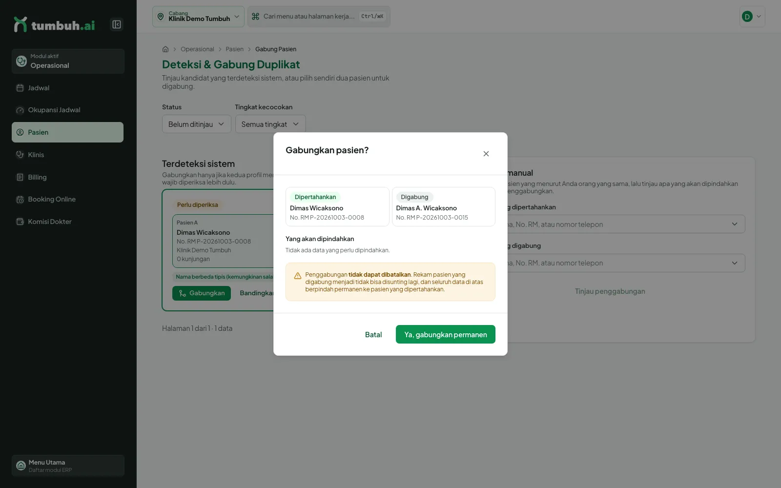 Dialog Gabungkan pasien dengan peringatan tidak dapat dibatalkan