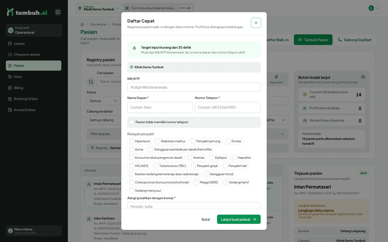 Dialog Daftar Cepat dengan daftar riwayat penyakit