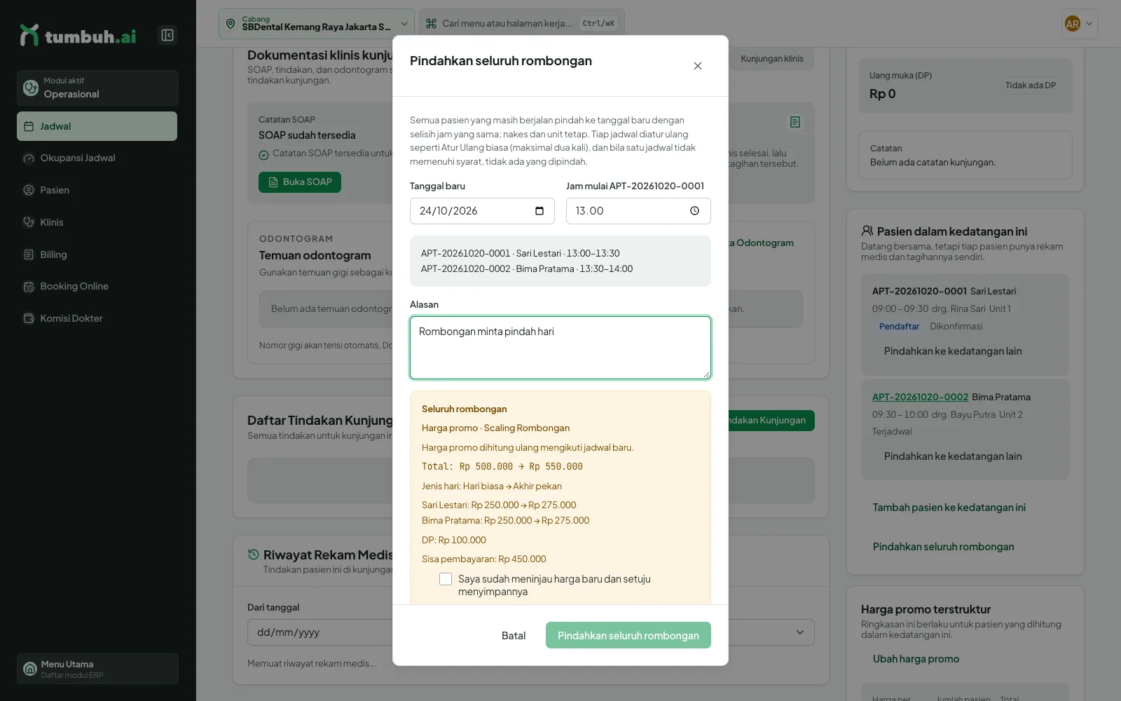 Dialog Pindahkan seluruh rombongan dengan pratinjau jam tiap pasien