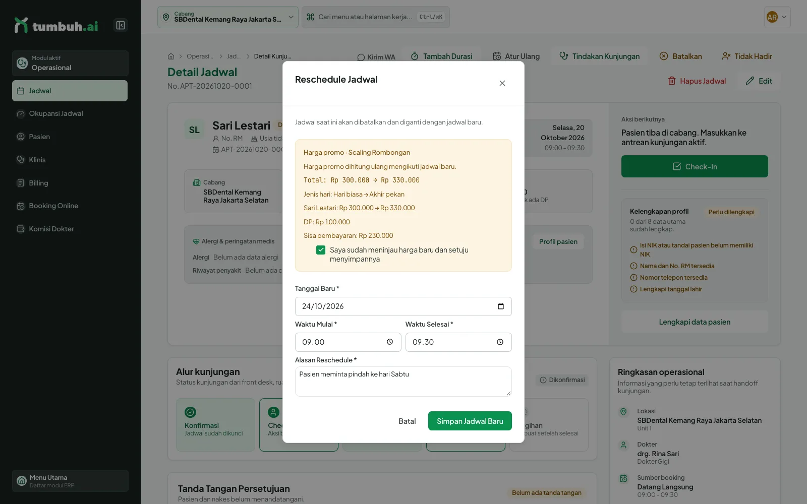 Dialog Reschedule Jadwal dengan kotak harga promo dihitung ulang