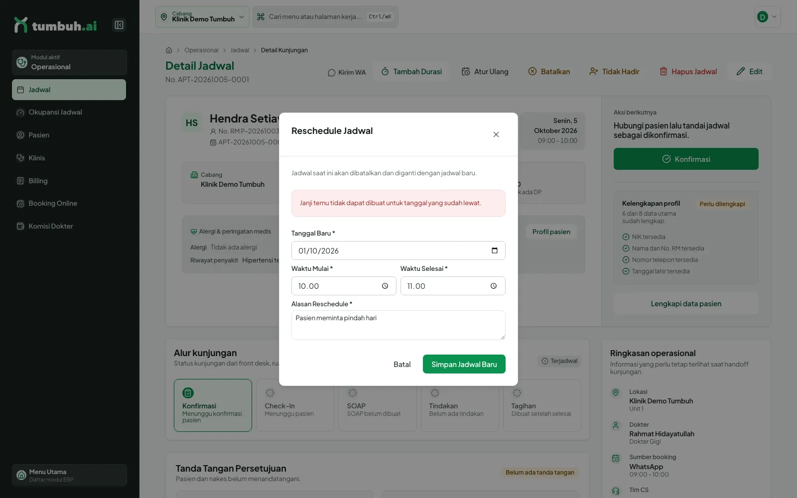 Dialog Reschedule dengan galat tanggal lewat