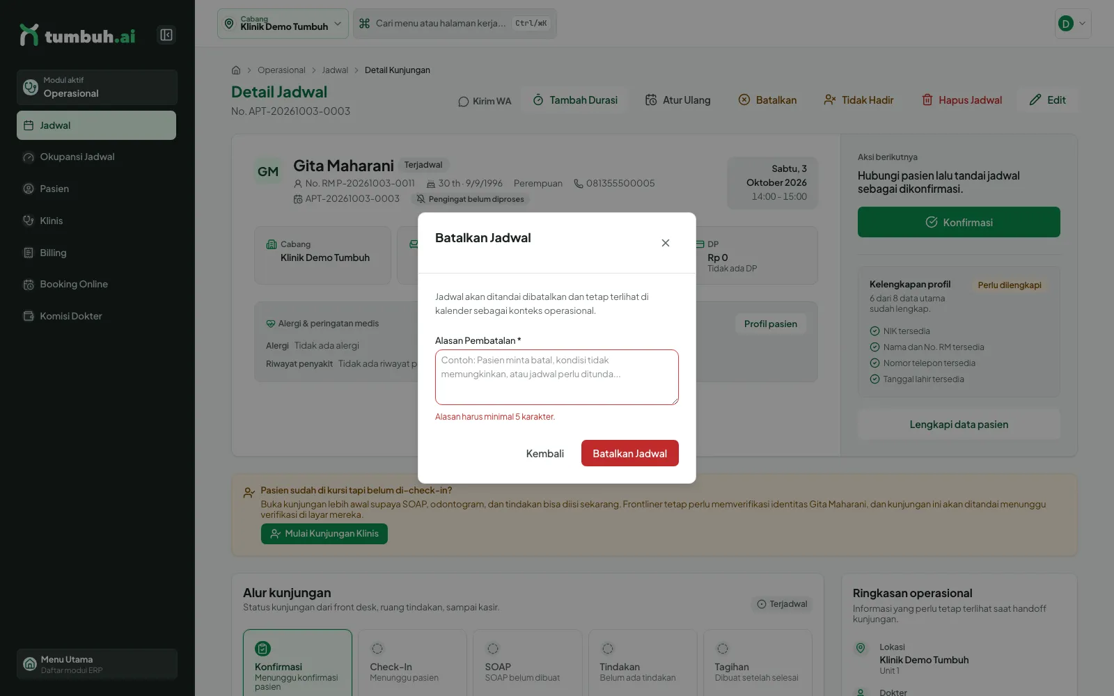 Dialog Batalkan Jadwal dengan galat alasan