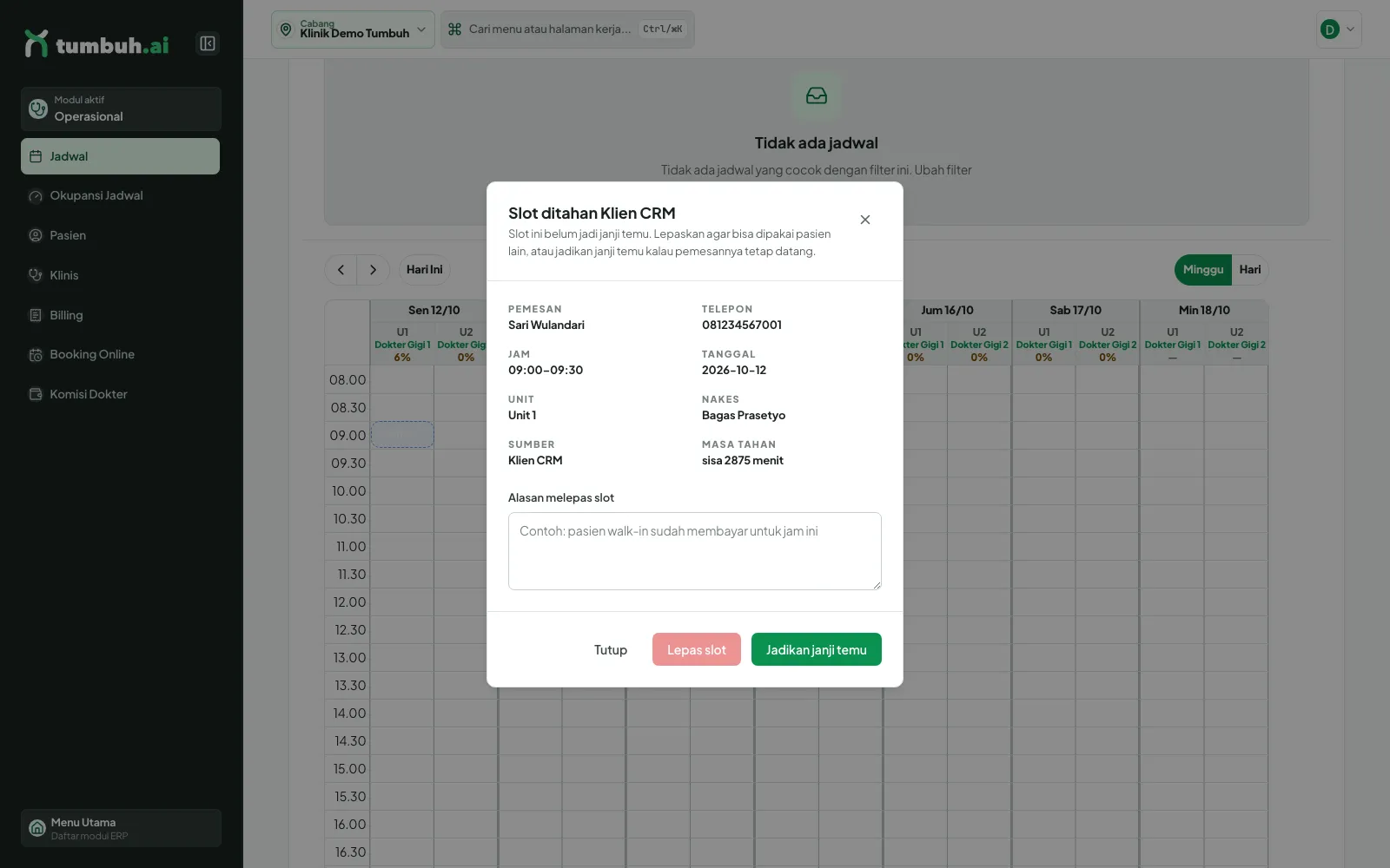 Dialog Slot ditahan Klien CRM