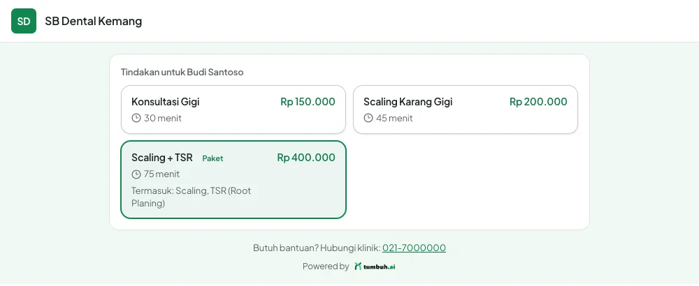 Kartu layanan Paket di pilihan tindakan widget booking