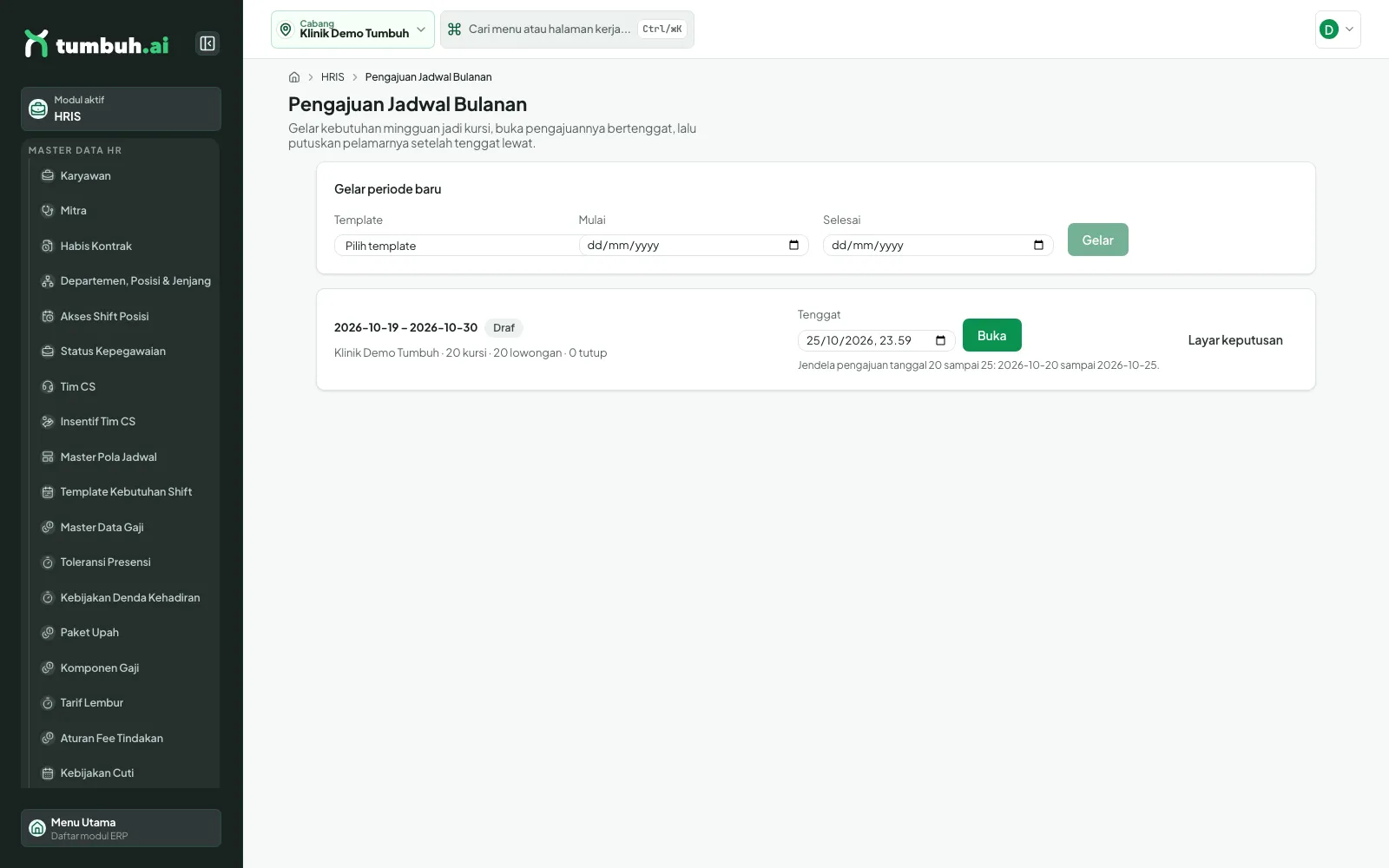 Periode 2026-10-19 sampai 2026-10-30 berstatus Draf dengan kolom Tenggat dan tombol Buka