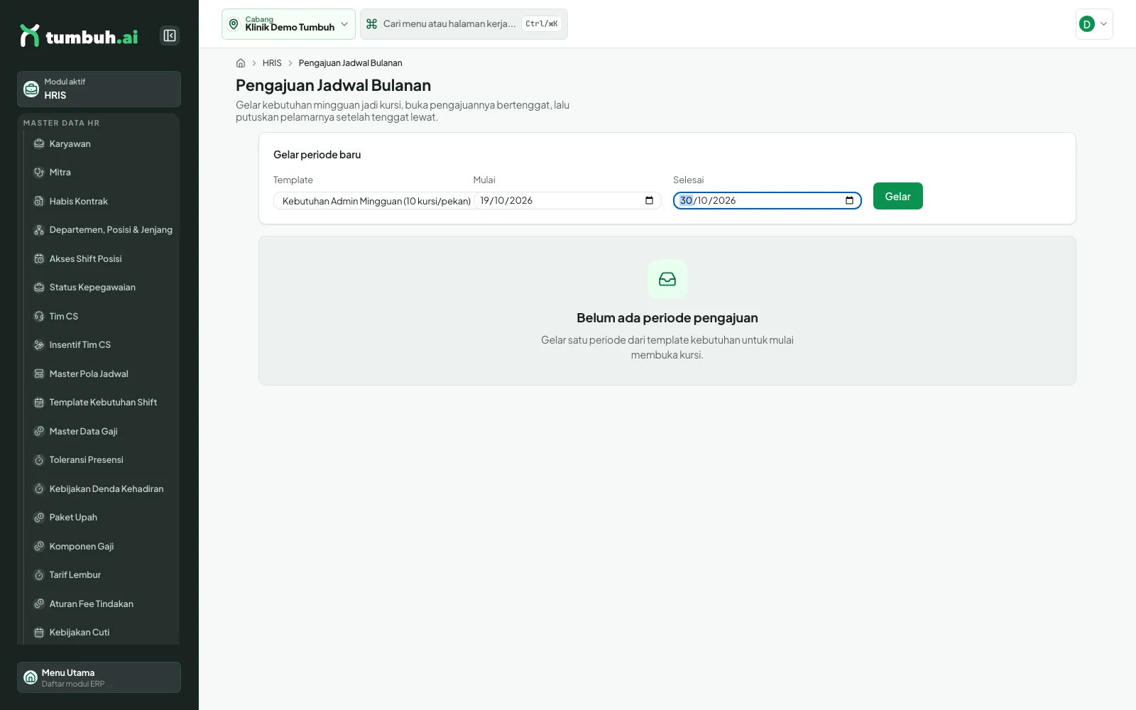 Formulir Gelar periode baru terisi template, tanggal mulai dan selesai