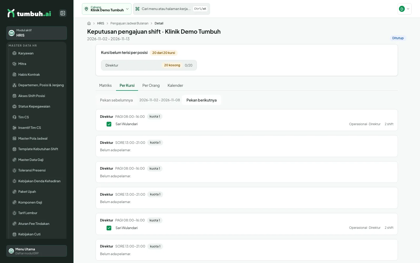 Layar keputusan Per Kursi dengan pelamar Sari Wulandari tercentang pada Shift Pagi