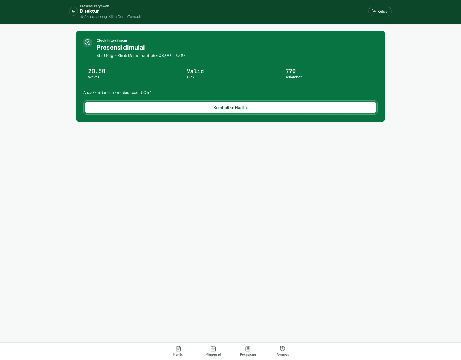 Layar konfirmasi Clock In tersimpan dengan waktu, status GPS Valid, dan menit terlambat