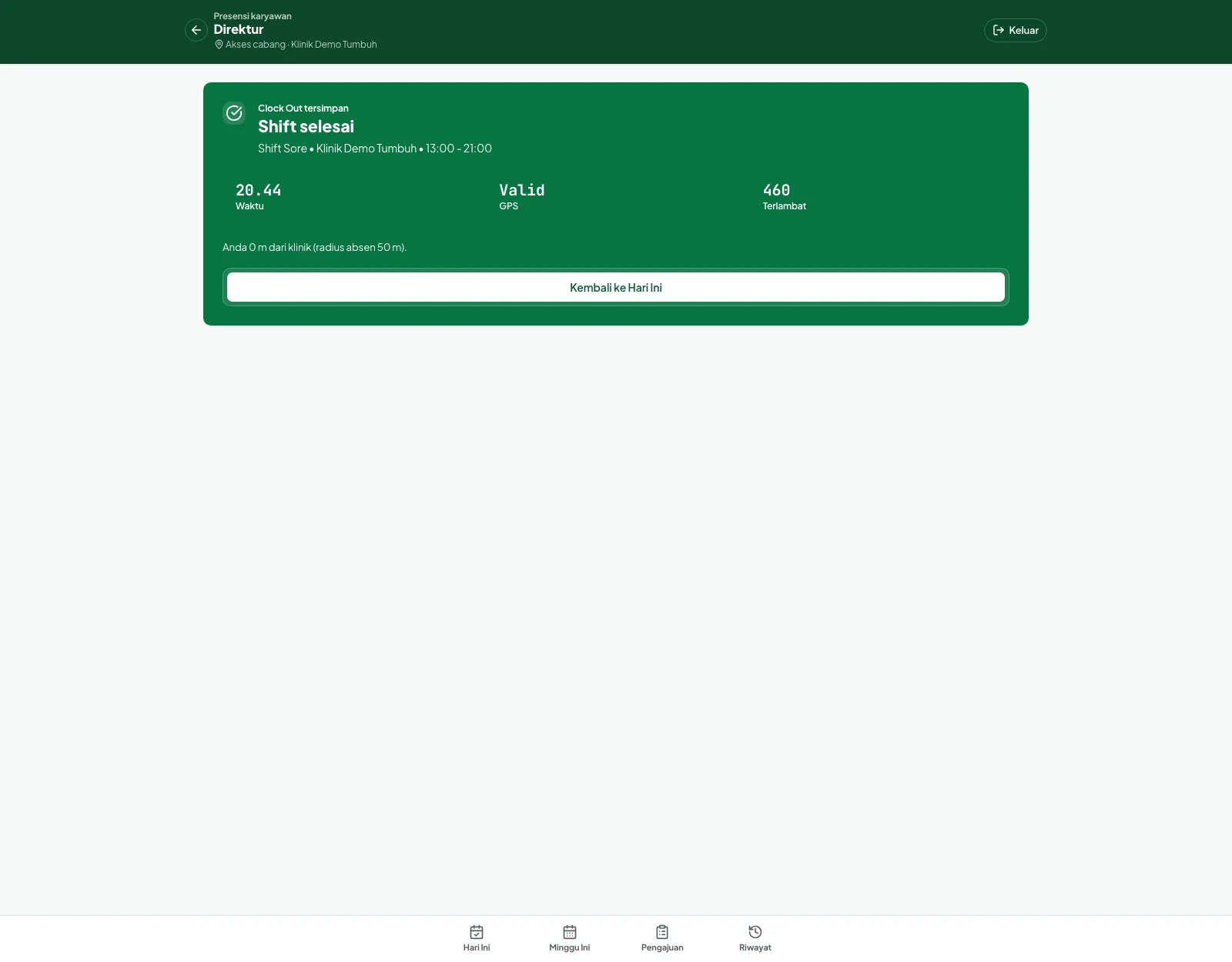 Layar konfirmasi Clock Out tersimpan dengan judul Shift selesai