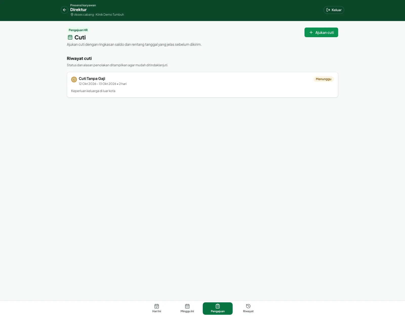 Riwayat cuti berisi satu pengajuan Cuti Tanpa Gaji 12-13 Oktober 2026 berstatus Menunggu
