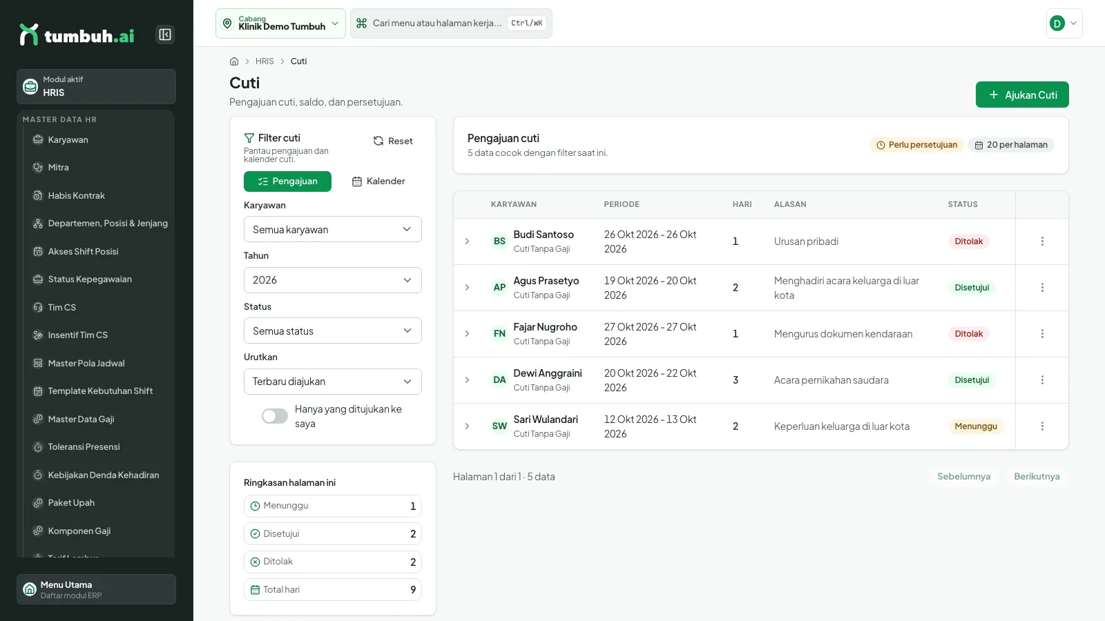 Daftar cuti dengan status Disetujui, Ditolak, dan Menunggu