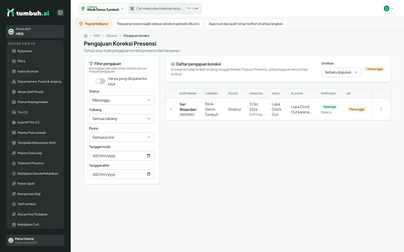 Antrean koreksi dengan kolom Pimpinan Disetujui Direktur dan status HR Menunggu