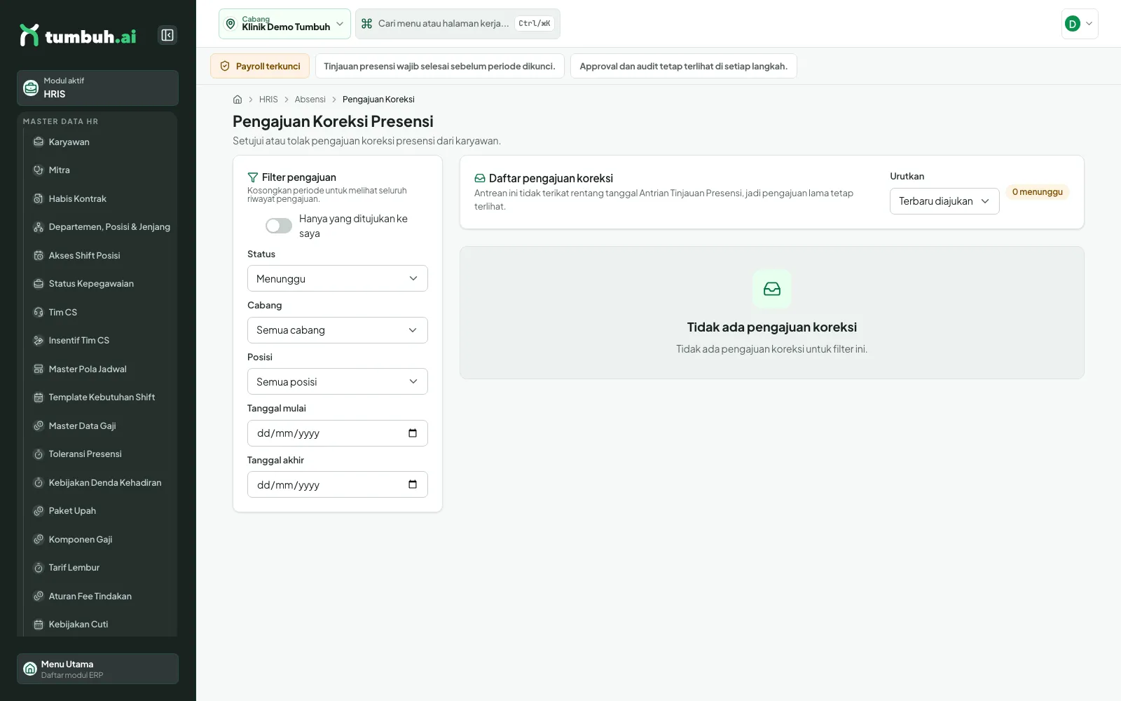 Antrean koreksi kosong bertuliskan Tidak ada pengajuan koreksi setelah koreksi disetujui