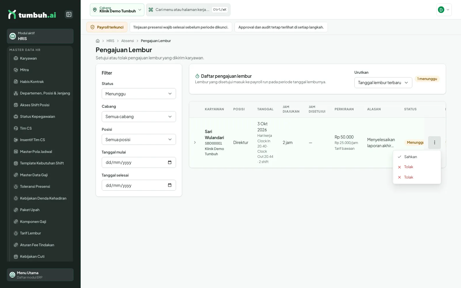 Menu baris pengajuan lembur dengan pilihan Sahkan dan Tolak
