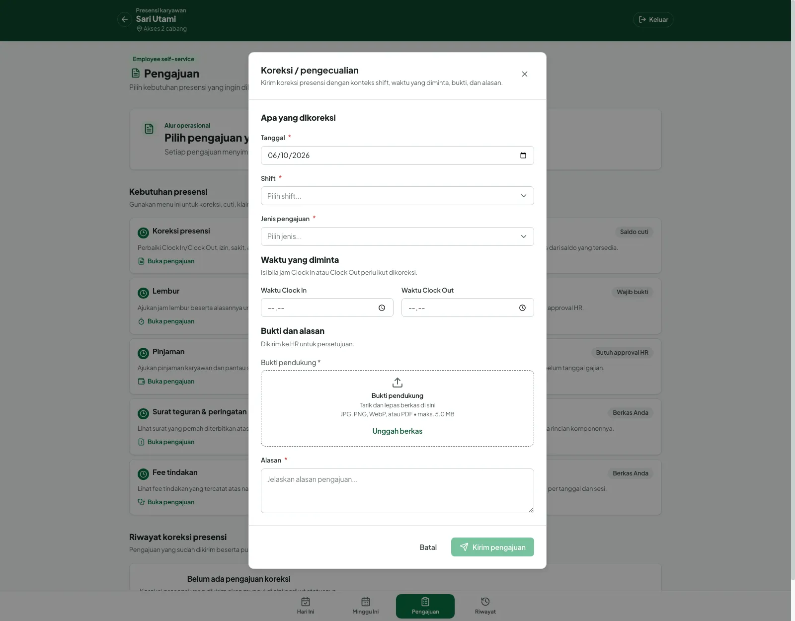 Formulir Koreksi / pengecualian dengan kolom Tanggal, Shift, Jenis pengajuan, Waktu Clock In dan Clock Out, Bukti pendukung, dan Alasan