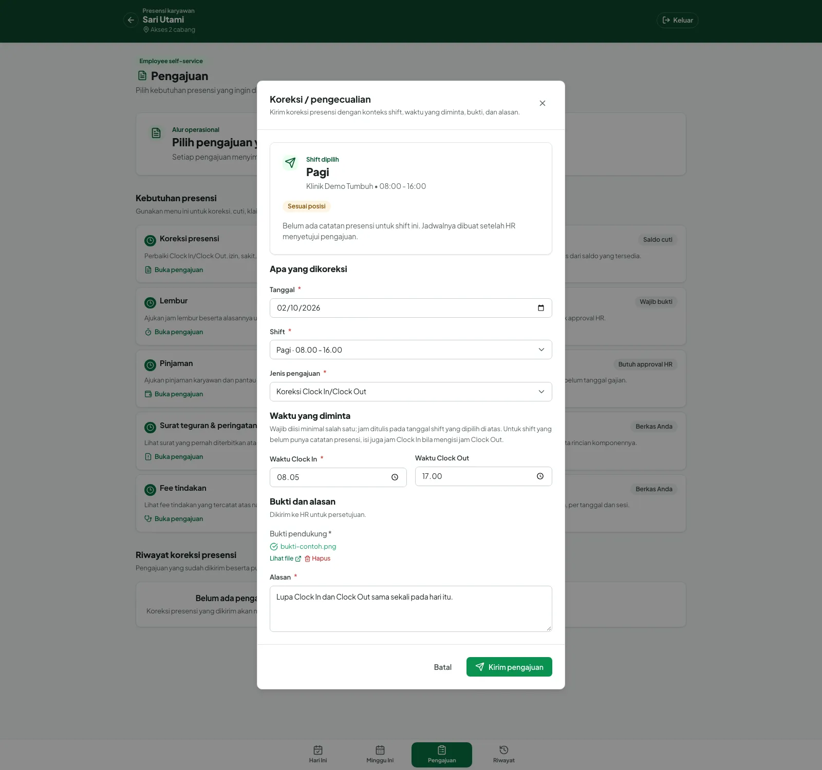 Formulir Koreksi / pengecualian tanggal 2 Oktober 2026 dengan shift Pagi berlabel Sesuai posisi, jam Clock In 08.05, Clock Out 17.00, bukti terunggah, dan alasan terisi