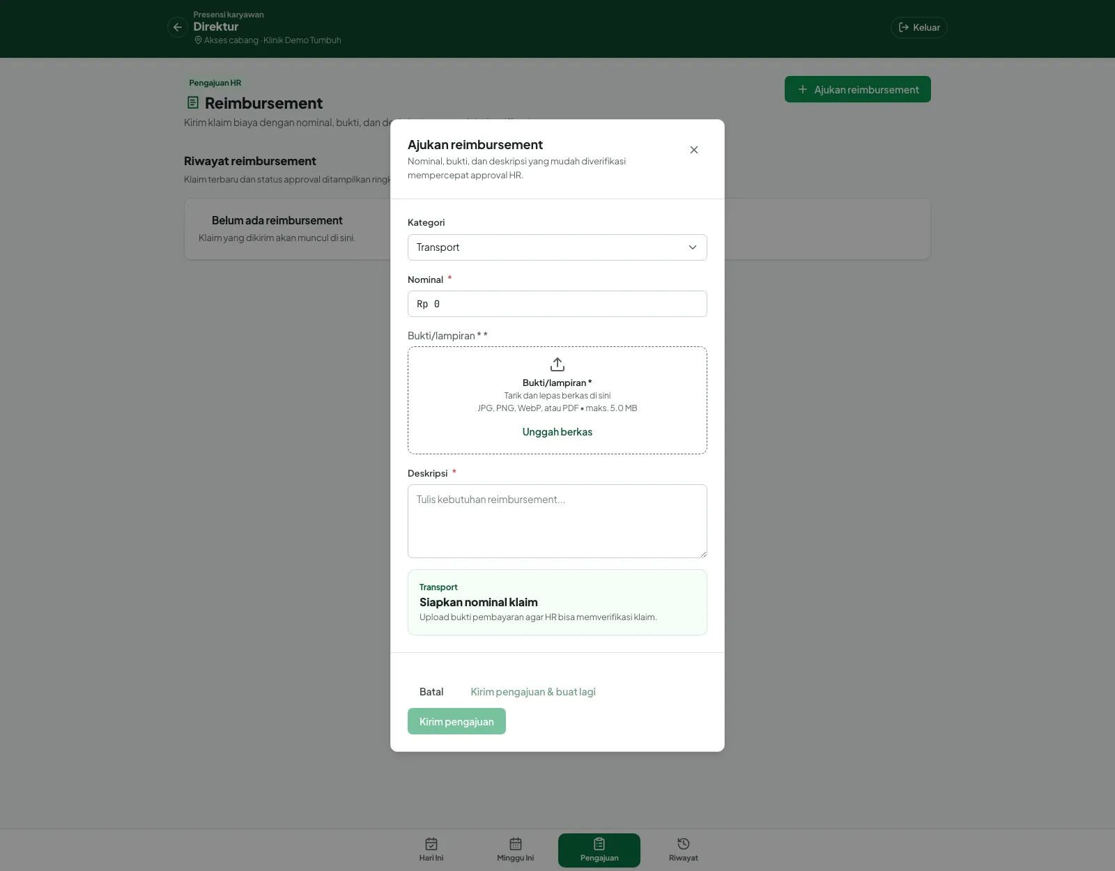 Formulir Ajukan reimbursement dengan kategori Transport, kolom Nominal, area unggah Bukti/lampiran, dan Deskripsi