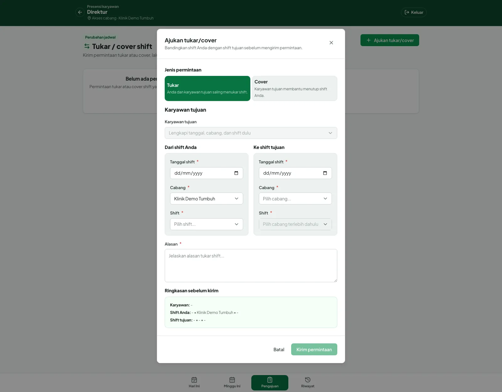 Formulir Ajukan tukar/cover dengan pilihan Tukar atau Cover, bagian Dari shift Anda dan Ke shift tujuan, Alasan, dan Ringkasan sebelum kirim