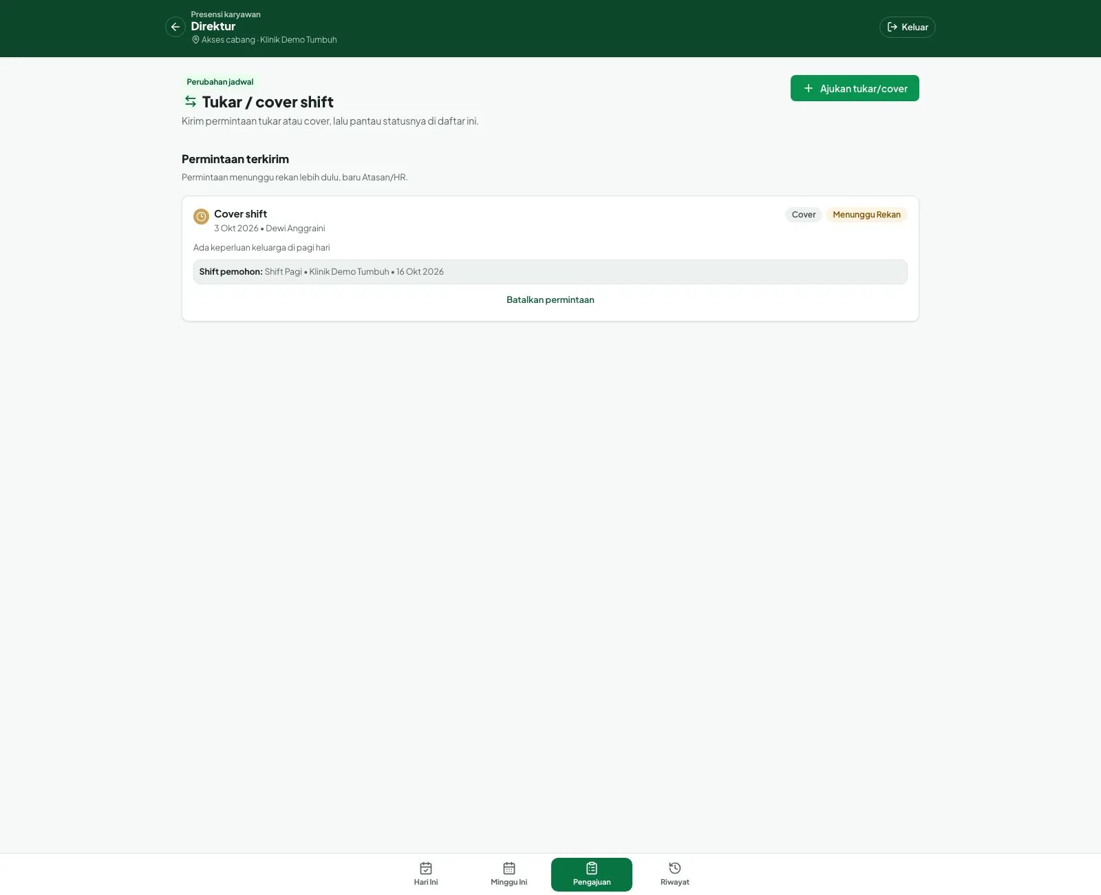 Permintaan terkirim berstatus Menunggu Rekan dengan tombol Batalkan permintaan