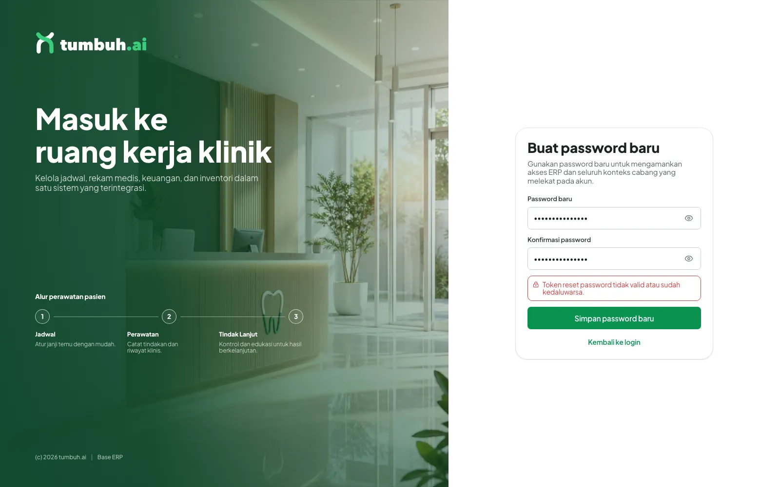 Galat token reset ditolak