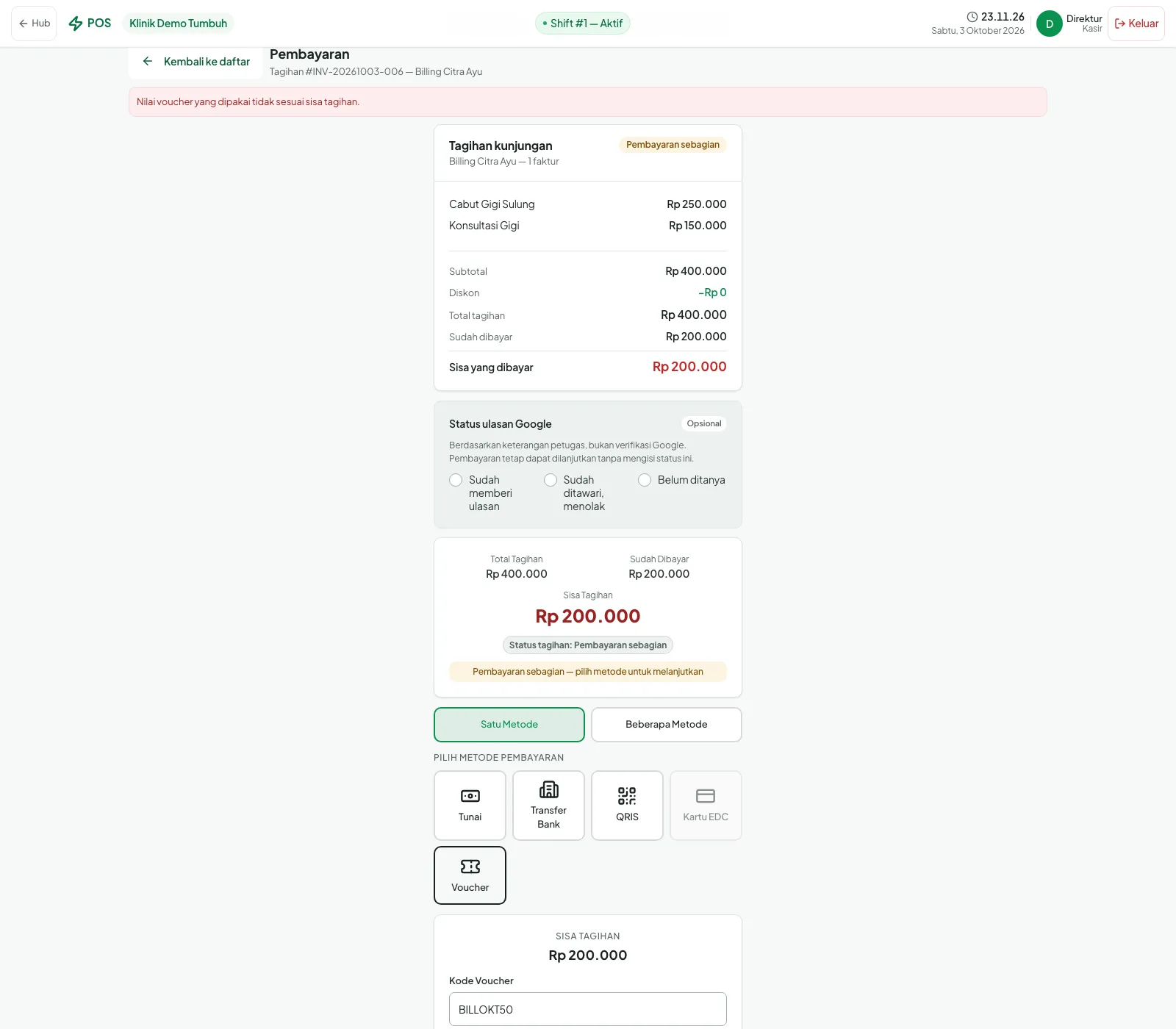 Galat voucher tidak sesuai sisa tagihan