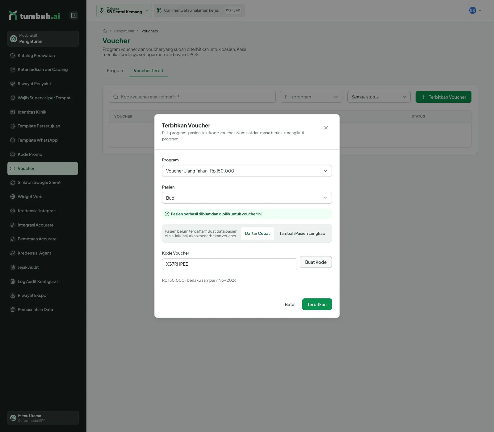 Dialog Terbitkan Voucher dengan pasien baru terpilih