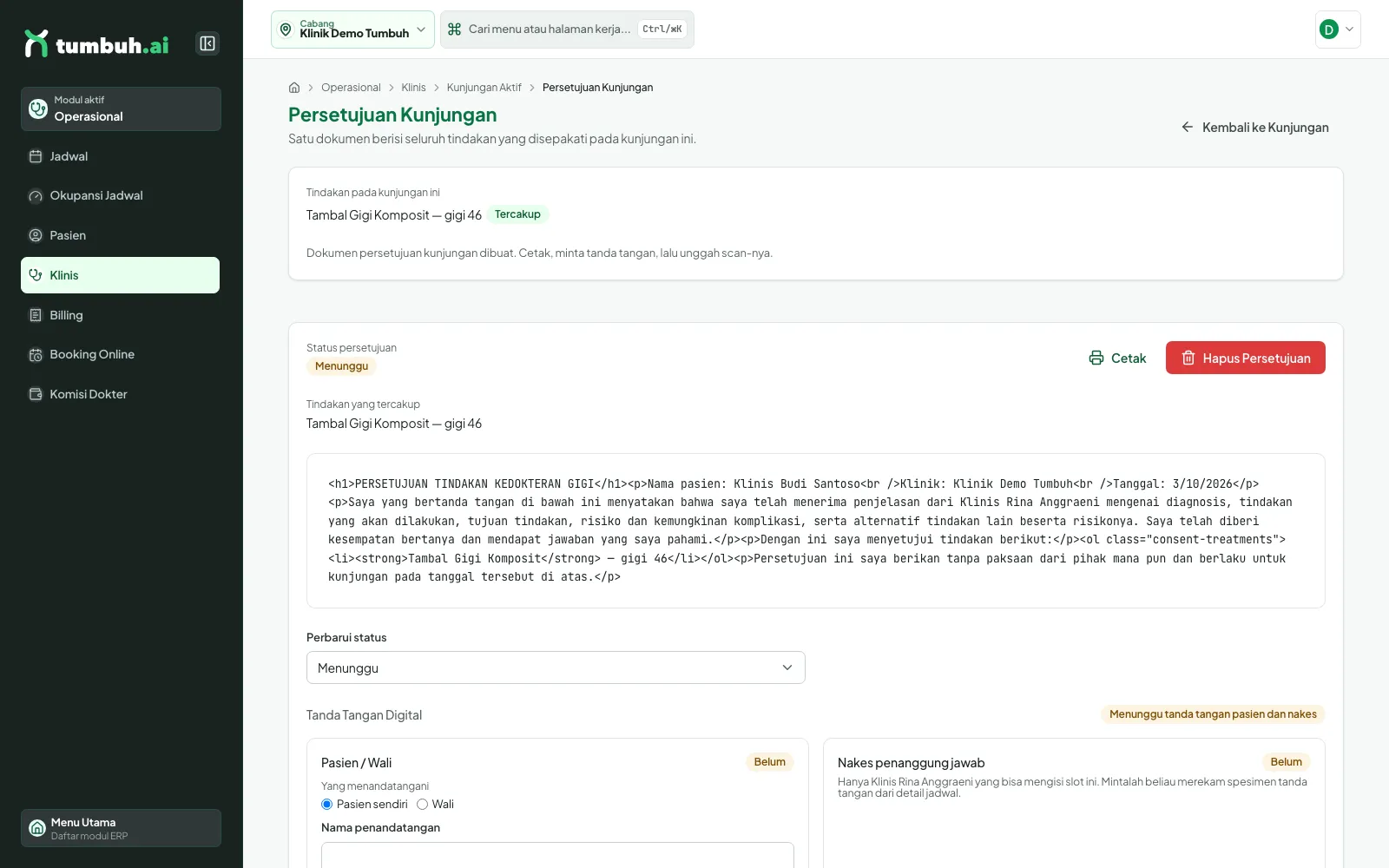 Halaman Persetujuan Kunjungan setelah dokumen dibuat