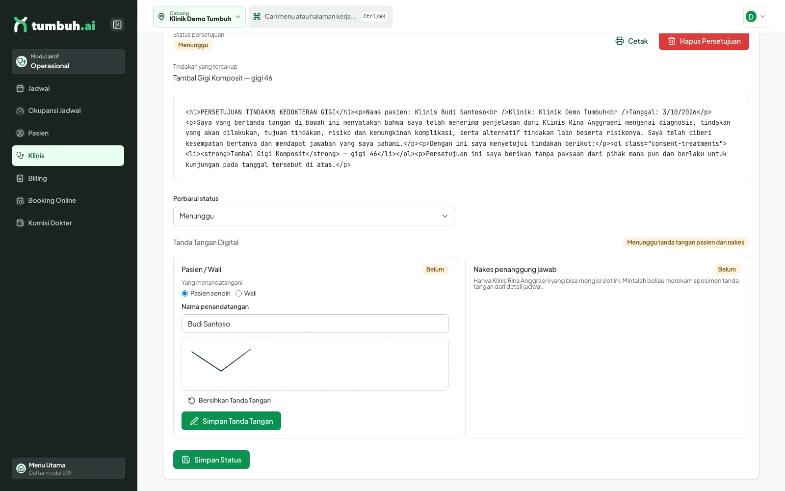 Kartu Pasien / Wali dengan nama dan tanda tangan tergambar sebelum disimpan