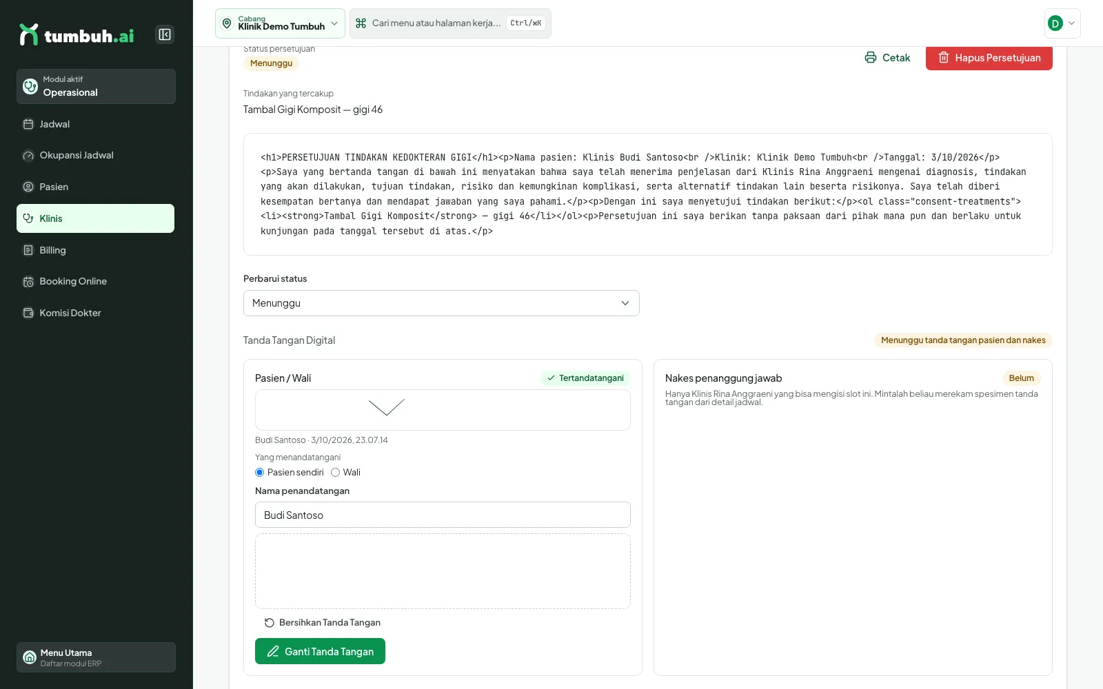 Tanda tangan pasien tersimpan dengan label Tertandatangani