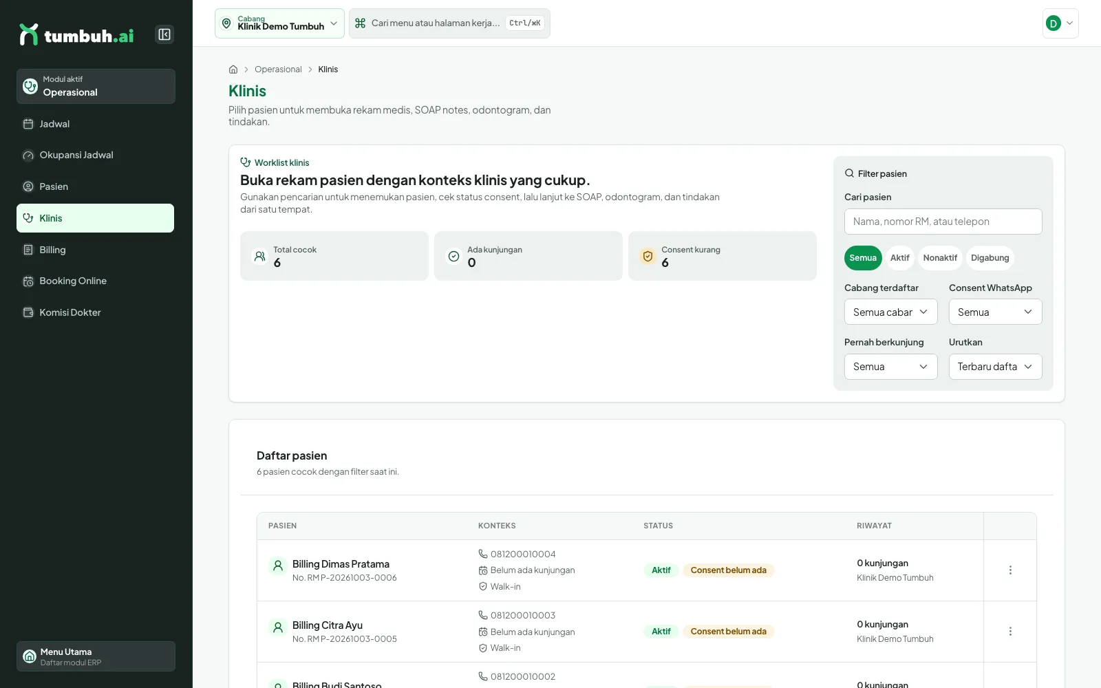 Papan Klinik dengan worklist dan filter pasien