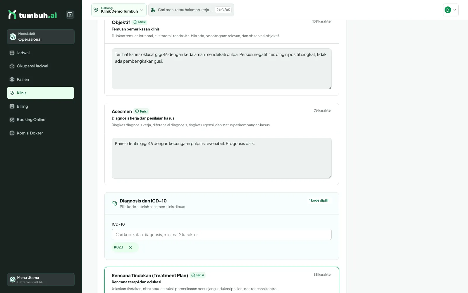 Kode K02.1 terpilih pada bagian Diagnosis dan ICD-10