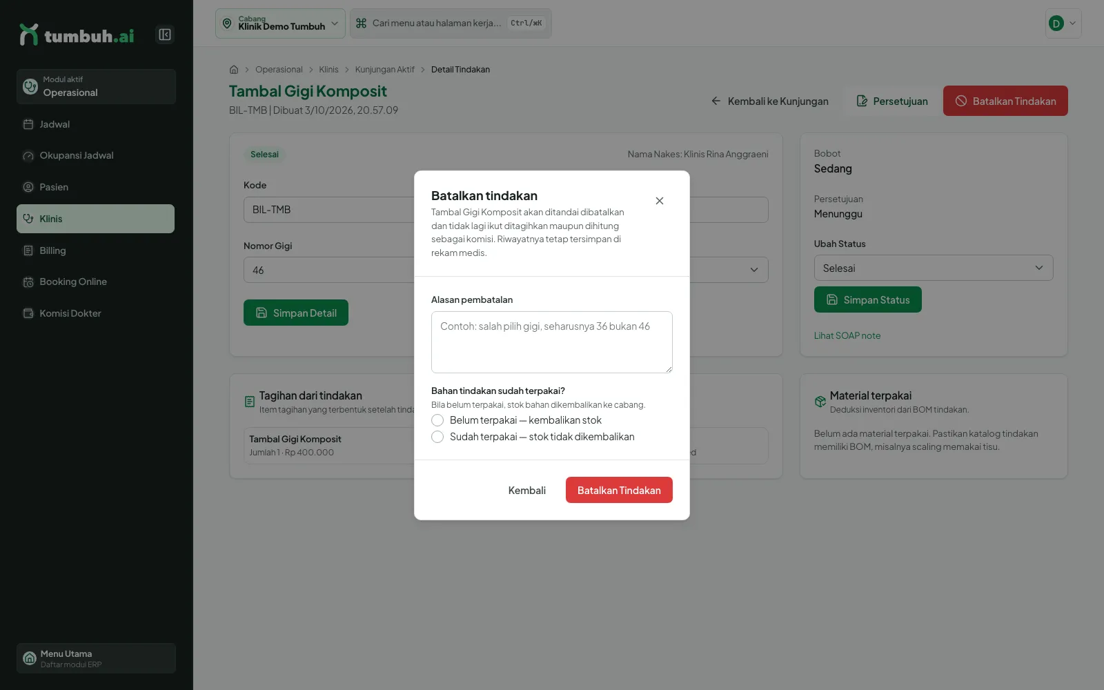 Dialog Batalkan tindakan dengan alasan dan pilihan stok