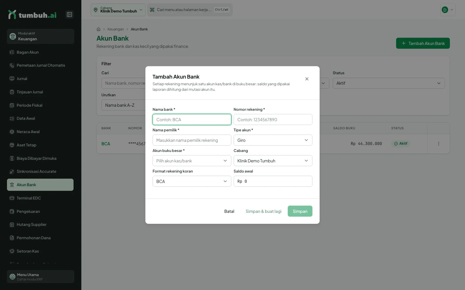 Dialog Tambah Akun Bank