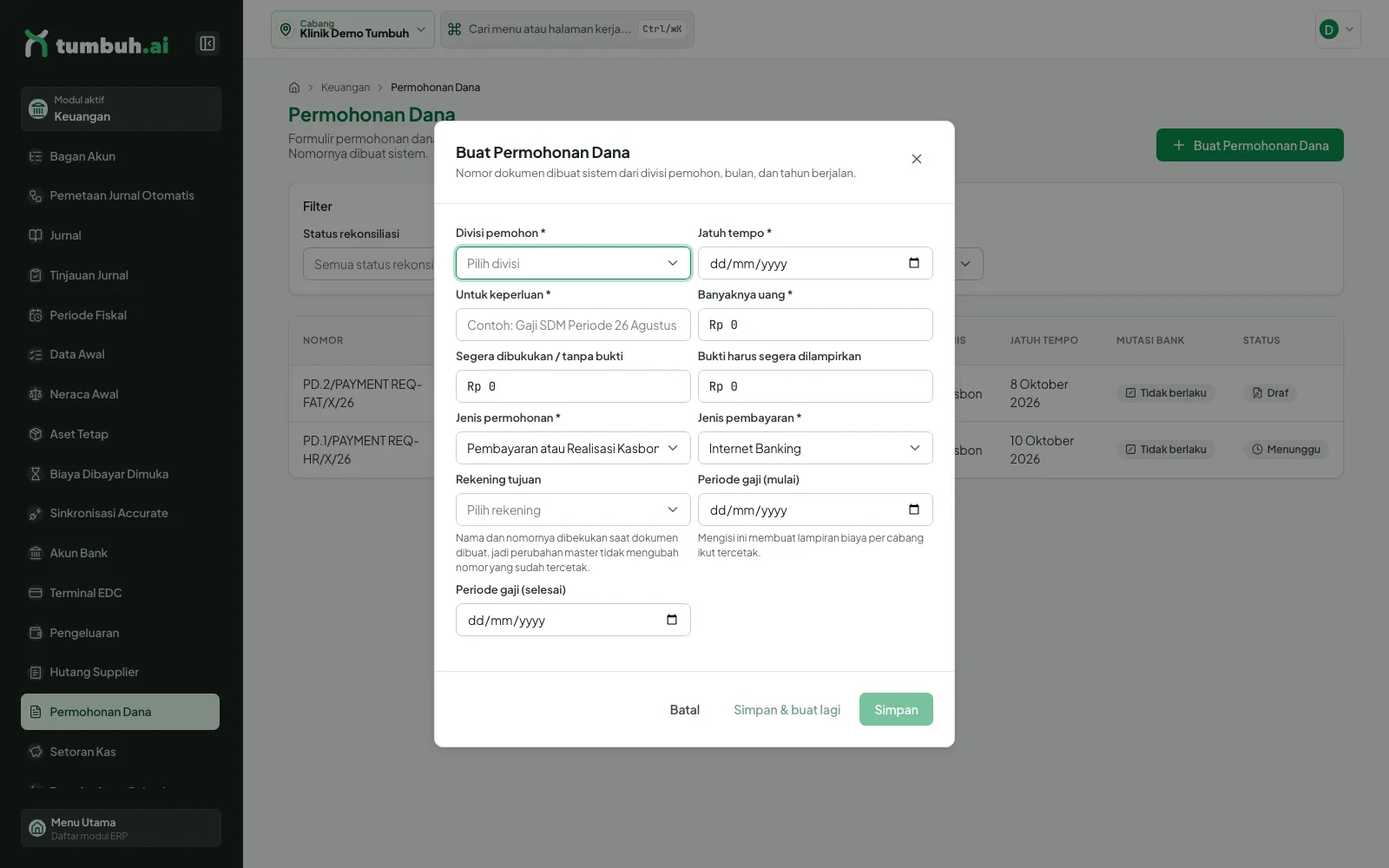 Dialog Buat Permohonan Dana