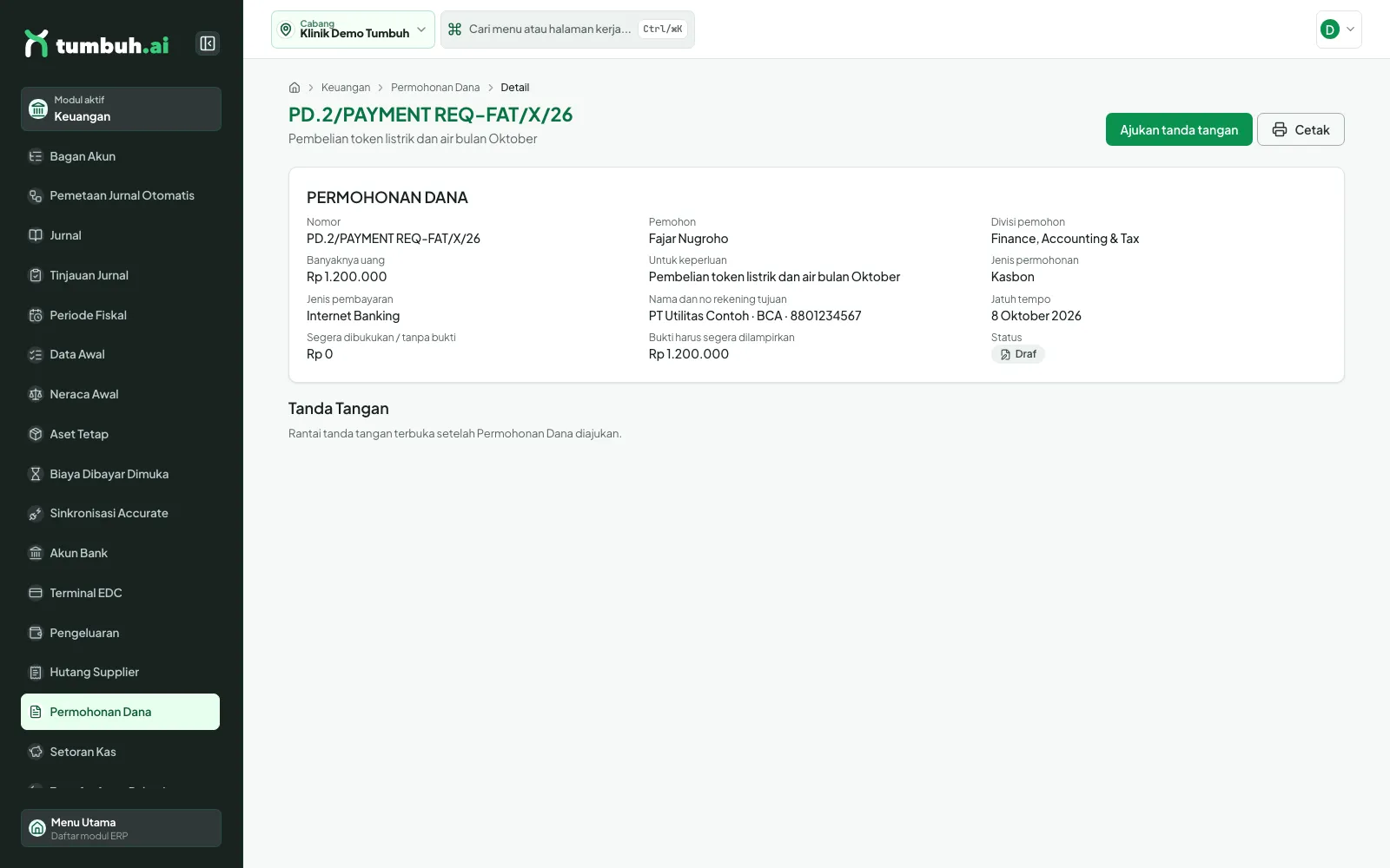 Detail Permohonan Dana berstatus Draf