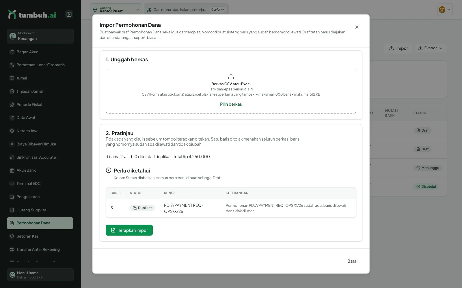 Dialog Impor Permohonan Dana dengan pratinjau per baris