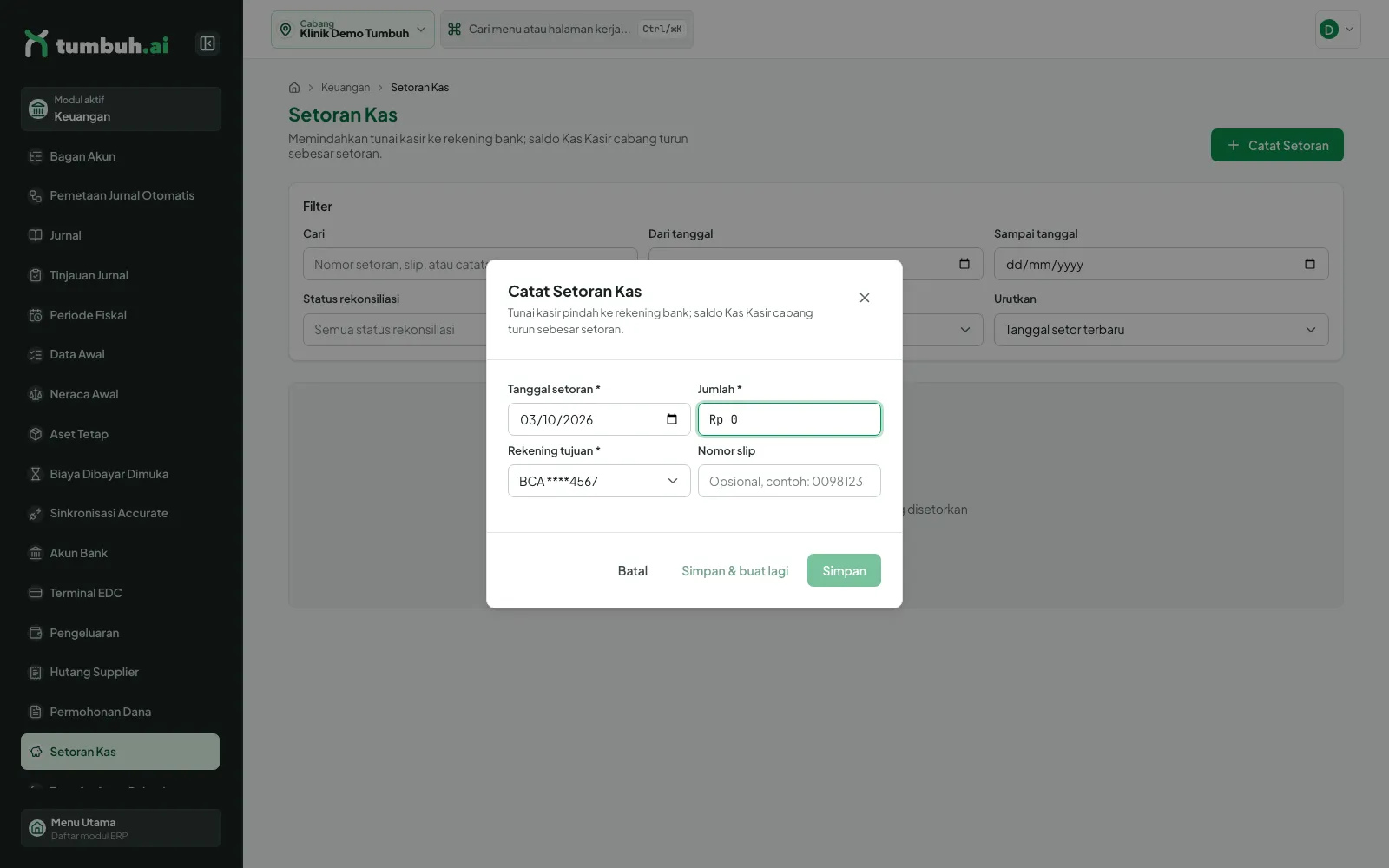 Dialog Catat Setoran Kas