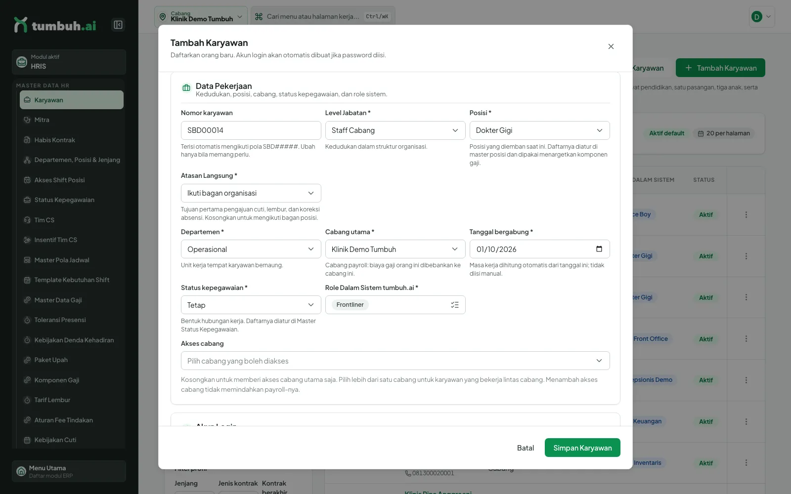 Formulir Tambah Karyawan bagian Data Pekerjaan
