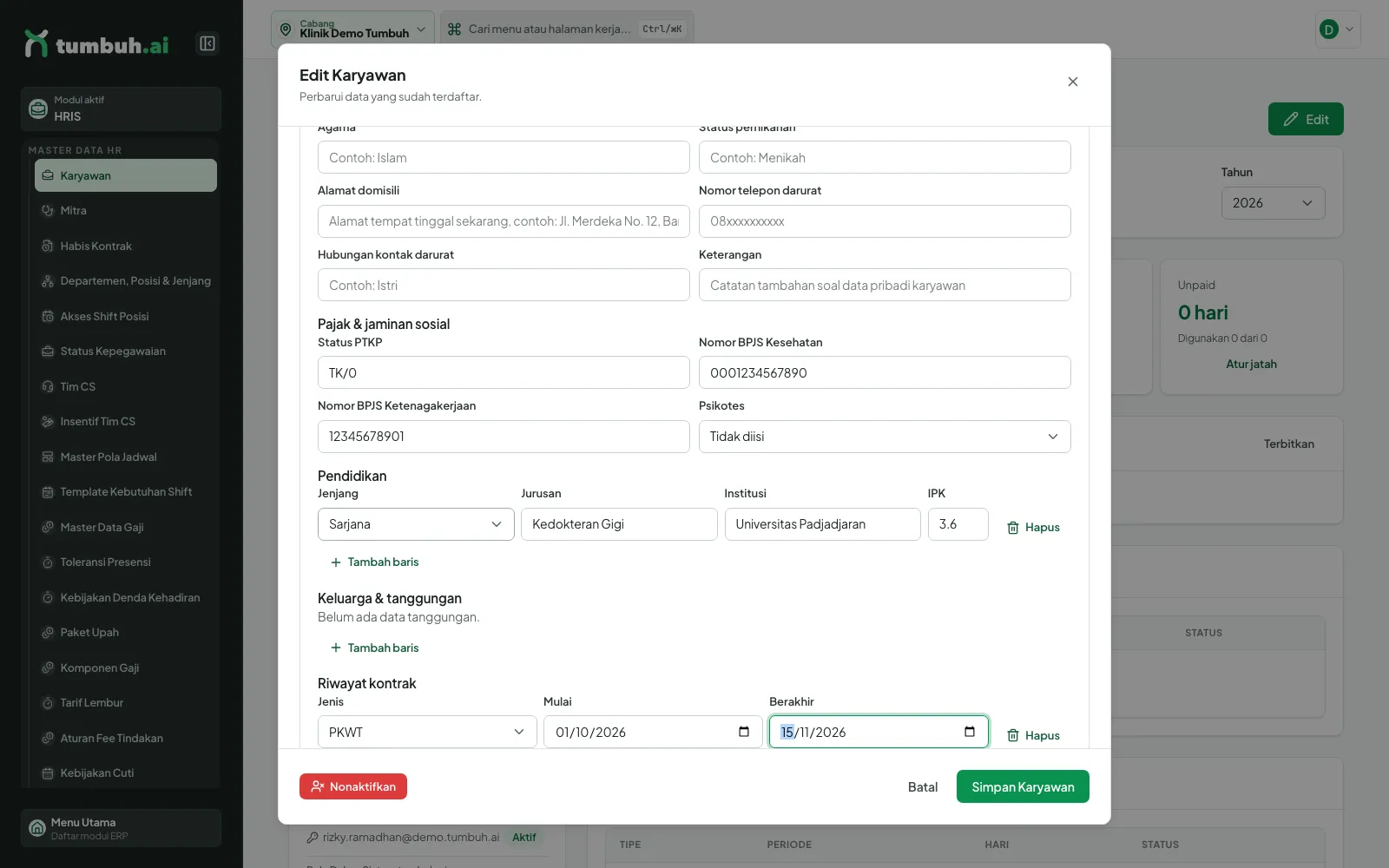 Dialog Edit bagian pendidikan dan kontrak