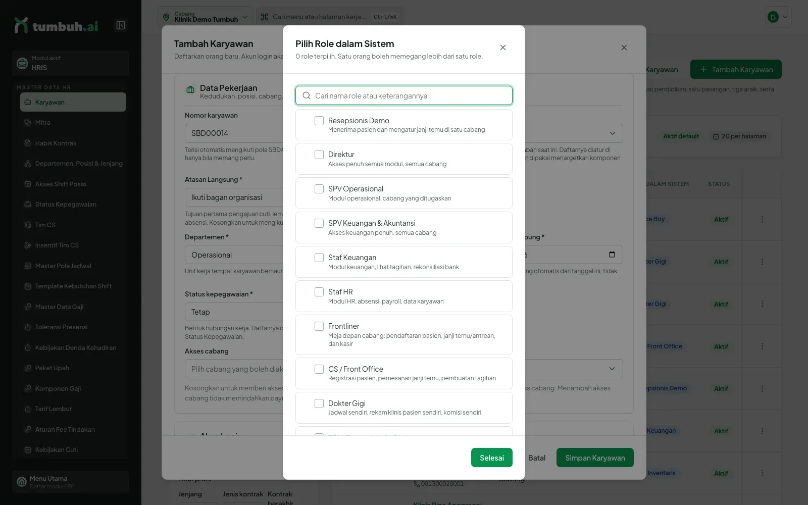 Dialog Pilih Role dalam Sistem