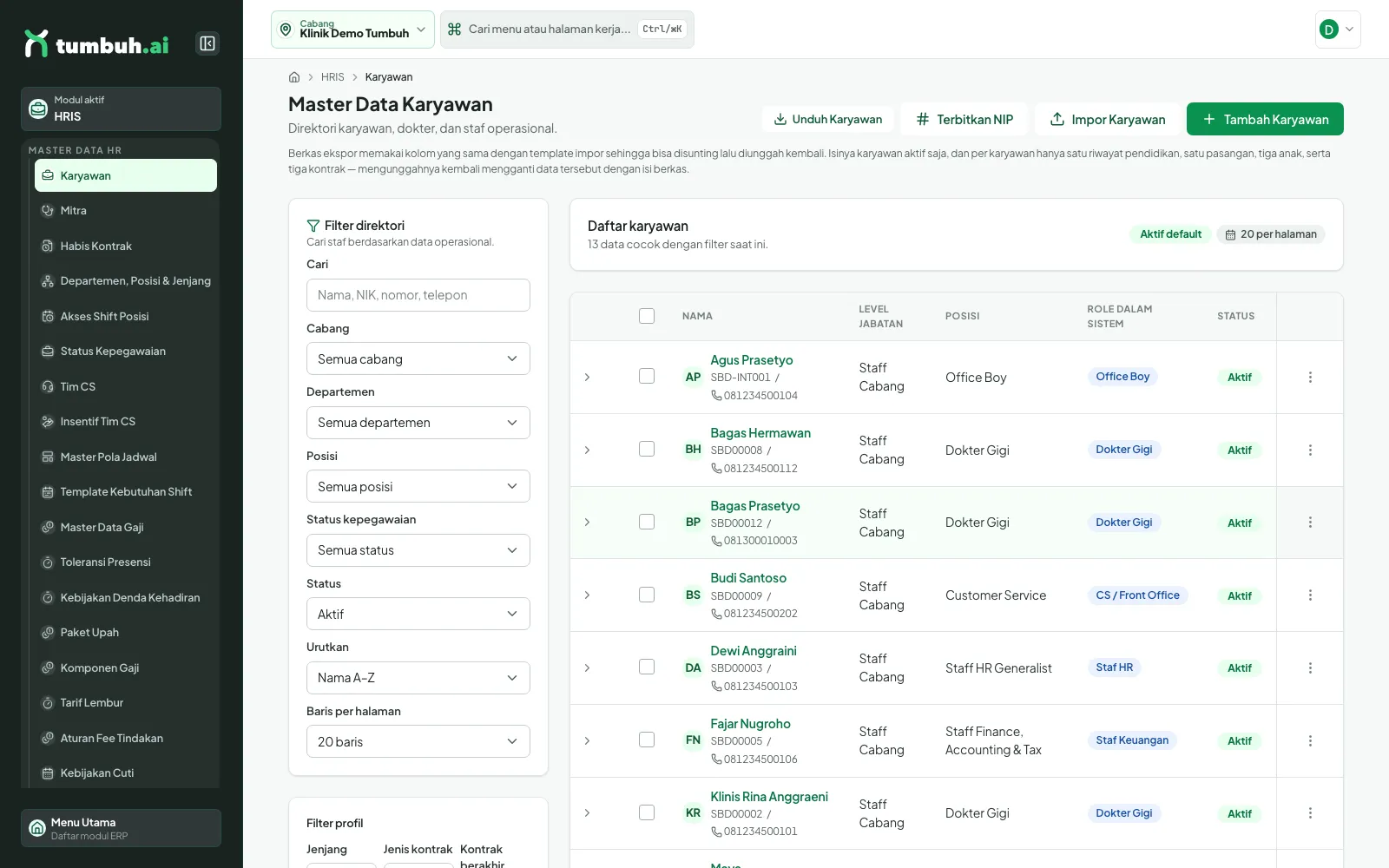 Daftar karyawan dengan panel filter direktori
