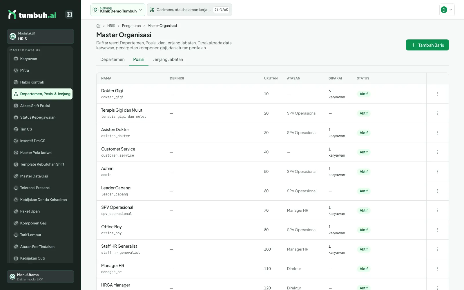 Tab Posisi dengan kolom Atasan