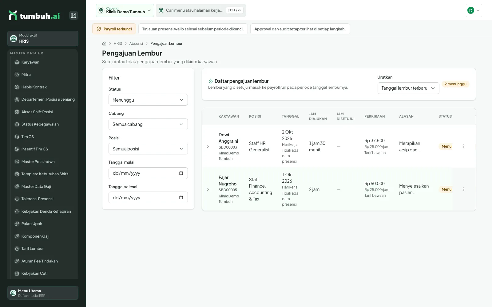 Pengajuan Lembur dengan dua pengajuan menunggu