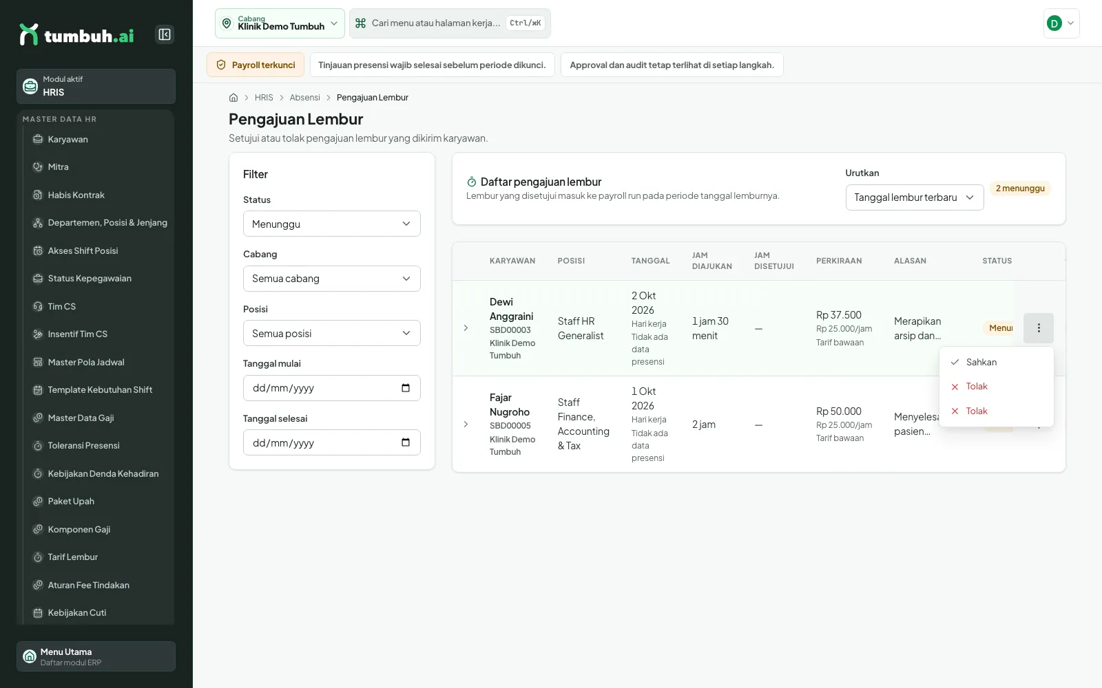 Menu baris Pengajuan Lembur